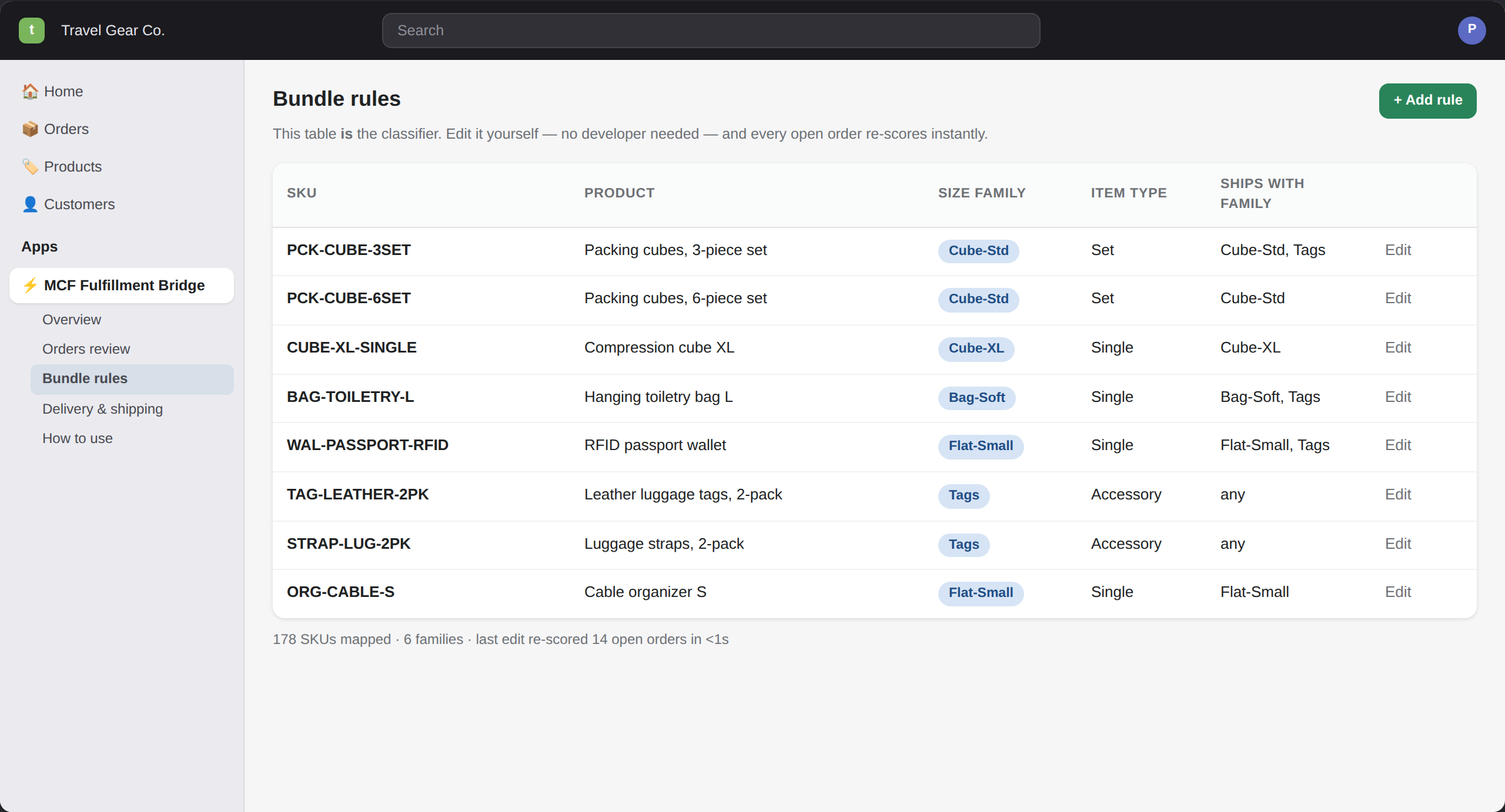 Bundle rules — the merchant-editable classifier