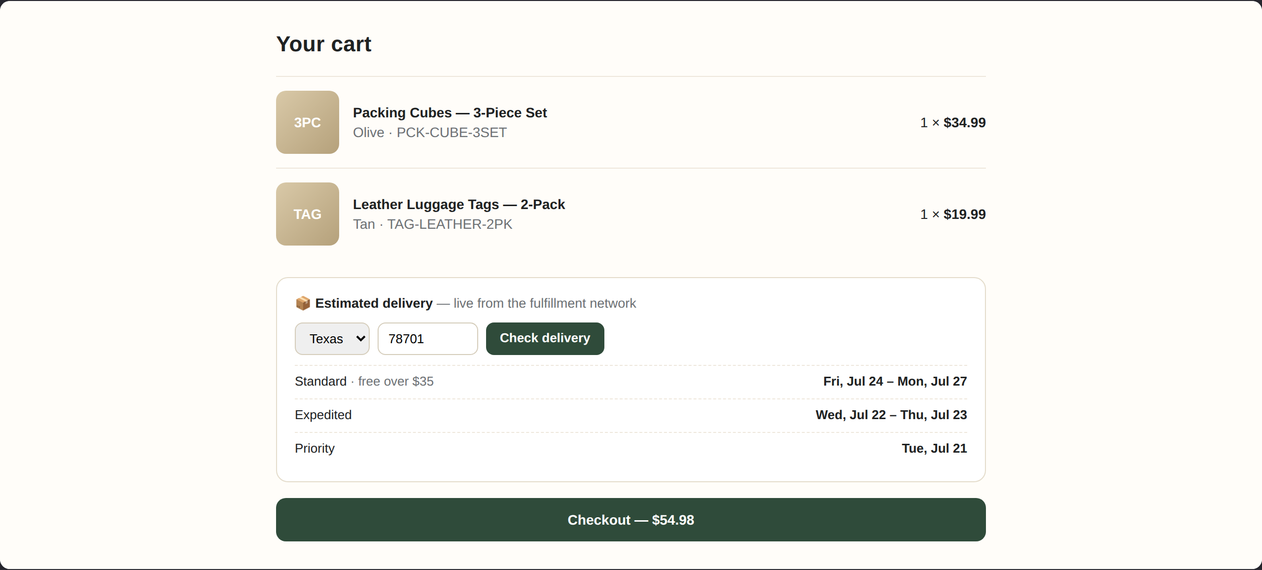 Storefront cart with live delivery-date widget